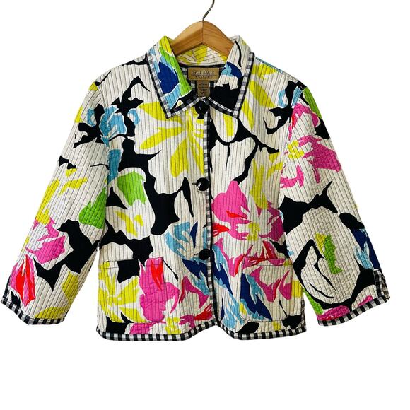 Peck & Peck Weekend Bright Floral Quilted Checkered Trim Jacket Size L - Picture 1 of 7